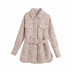 Eleganta kvinnor Rosa Tweed Ytterkläder Fashion Ladies Pocket Jackor med Sashes Sweet Female Button Chic Girls 210430