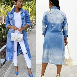 Trench Coats Feminino WeiYao Outono Inverno Feminino Sexy Jaquetas Jeans Rasgadas 2021 Vintage Casual Longo Jaqueta Jean Feminino Tamanho Grande Streetwear C