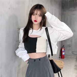 Sweatshirt Kvinnor Koreanska Streetwear Långärmad Sweatshirts Pullover + Vest Casual Party Crop Top New 2020 Höst Damkläder Y0820