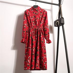 Casual Dresses Floral 2021 Fashion Women Dress Female Vintage Elegant Flare Sleeve Autumn Winter Slim Corduroy Vestidos WXF762