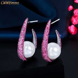 Kreativer Hälfte Runde Micro Pave Rosa Rosa Zirkonia Silber Perle Tropfen Ohrringe für Frauen Einzigartige Feinschmuck CZ852 210714