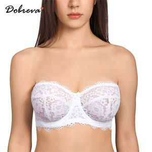 DoBREVA Women's Lace Strapless Bra Plus Size Underwire Unlined Multiway Balconette Bras 211110