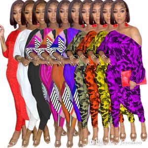 Plus Size Women Two Piece Pants Set Autumn Fashion Printed 3/4 Sleeve Loose Tshirt Sexy Off Shoulder Large Slant Top Leggings Outfits S-4XL