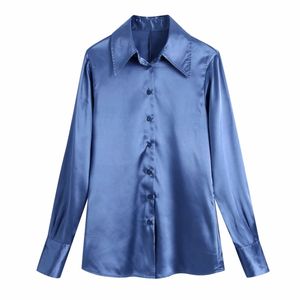 Summer Women Blue Satin Long Sleeve Shirt Casual Female Turndown Collar Blouse Office Lady Loose Tops Blusas S8896 210430