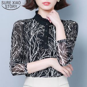 Korean Sexy Half-height Collar Women Bottoming Shirts Autumn Long Sleeve Slim Blouses Mesh Print Female 7492 50 210510