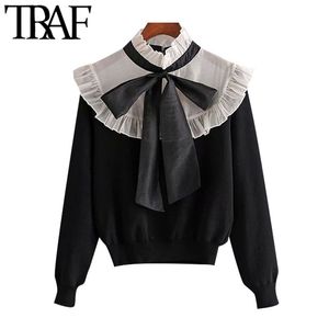 Kvinnor Mode Organza Patchwork Ruffled Stickad Sweater Vintage High Collar Bow Bundet Kvinna Pullovers Chic Toppar 210507