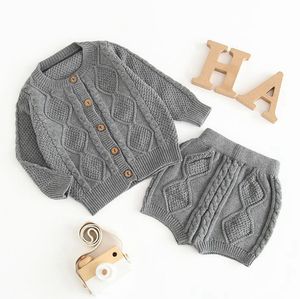 Gestrickte Baby Outfits Kleinkind Mädchen Einreiher Strickjacke Shorts 2 stücke Sets Solide Neugeborenen Jungen Oberbekleidung Boutique Baby Kleidung DW4934