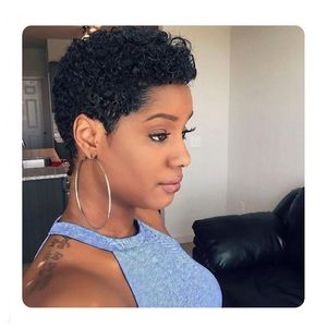 African Americ soft brazilian short Pixie cut Curl full Wigs Simulation Human Hair kinky Curly Wig for laides
