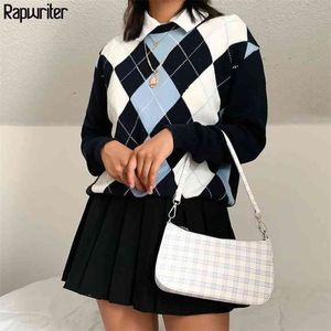 İngiltere Stil Argyle Geometrik Örme Kazak Kadın Moda Ekose Sonbahar Sıcak Uzun Kollu Vintage Kazak Tops Jumpers 210812