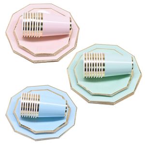 24 pçs / conjunto verde rosa de papel azul placas descartáveis ​​conjunto de utensílios de mesa para festa de aniversário de casamento festa de bebê fontes decoração de ouro 211216