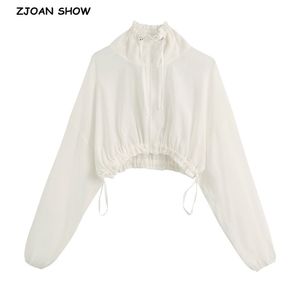 Stå Ruffles Collar White Short Jacket Retro Kvinnor Bat Långärmad Justera Rope Elastic Hem High Waist Jackor Casual Toppar 210429