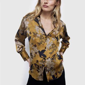 ZA Çiçek Baskı Saten Gömlek Kadınlar Gevşek Uzun Kollu Retro Çiçek Ofis Gömlek Kadın Moda Ön Düğme Streetwear Tops 210602
