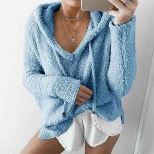 Höst topp kvinnor casual mohair hooded pullovers v neck fleece tröja mode söt lös varm vinter mohair toppar pullover 210518