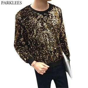 Felpa con paillettes glitter oro lucido Uomo Discoteca DJ Party Satge Bling Felpe Streetwear Maschio Gioventù Sudadera Hombre 210522