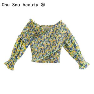 beauty Women Summer Crop Tops Vintage X-shaped Slim Floral Stretch Word Collar Long-sleeved Shirts Woman Blouses 210514