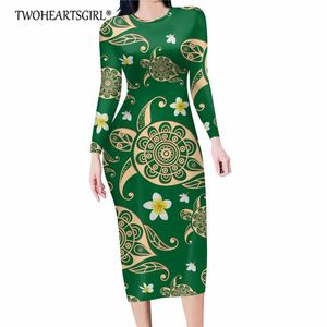 Casual Dresses Polynesian Flowers Hawaiian Turtle Print O Neck Sexy Slim Elastic Bodycon Long Dress Spring Autumn Clothes For Party Clu