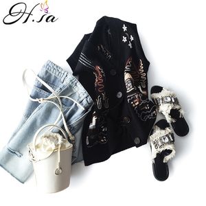 H.SA Women Fall Clothing Vests V neck Button Up Loose Embroidery Fashion Jumpers Chic Punk Knit Vest Sweater Ponchoes 210417