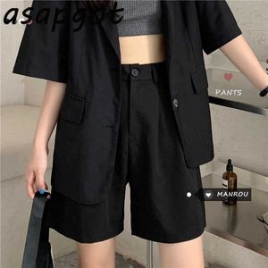 Summer Chic Korean Loose Straight High Waist Black Suit Shorts Women Retro Casual High Street Plus Size White Shorts 210610