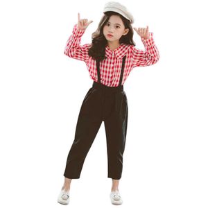 Kids Clothes Plaid Shirt & Jumpsuit Girls Outfits Flare Sleeve Suits Girl School Autumn Casual Children's For Teen 210528