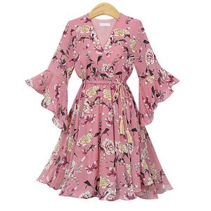 Talvez U Rosa Branco Impressão Floral Flor V Pescoço 3/4 Flare Manga Chiffon Drawstring Mini Vestido Curto Verão Beach Ruffle D1113 210529