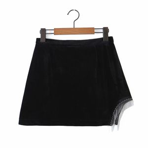 Sexy Woman Black Velet Beading Patchwork Mini Skirt Spring Fashion Soft Irregular Female Chic Streetwear s 210515