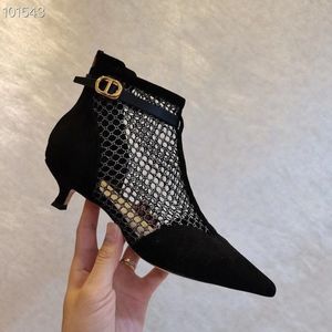 Toppkvalitet Cowhide Womens Korta stövlar Mesh High Heels Lyxig designer Kvinnor Skor Mode Ny Spetsad Vävd Andningsbar Non Slip Platform Bakre dragkedja Storlek 35-41