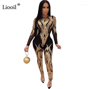Women s Jumpsuits Rompers Liooil Plus Size Gold Silver Sexy Sequin Bodycon Mesh Jumpsuit Women See Through Party Club Tight Long Pants1
