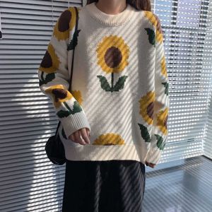 Koreanska chic mode höst pullovers solros stickad tröja kvinnor retro o neck långärmad blommiga toppar pull femme jumpers 210610