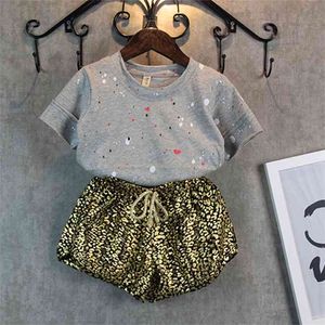 Roupa de menina Moda Fashion Paint Parte Top + Leopardo Imprimir Shorts 2 Peça Verão Crianças Conjunto de Roupas 210515