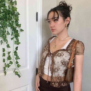 Brown Lace Mesh Patched See Through Sexy Crop T-Shirts Women New Summer V Neck Tie Up Short Sleeve Y2k Tops Black Tee Shirt 210415