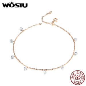 Wostu Tunna 925 Sterling Shiny Chines Anklet för Kvinnor Flickor Vän Fot Smycken Ben Bracelet Tobillera de Prata