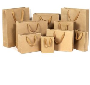 2021 10 Storlekar Stock och skräddarsydd papper Presentväska Brun Kraft Paper Bag med handtag Partihandel