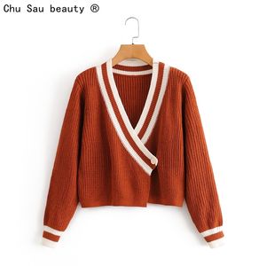 Fall Vinter Mode Koreansk Casual V-Neck ColorBlock Loose Short Cropped Knit Cardigan Sweaters Coat Tops for Woman 210508
