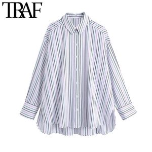 Kvinnor mode överdimensionerade randiga asymmetriska blusar vintage långärmad sida ventiler kvinnliga skjortor blusas chic toppar 210507