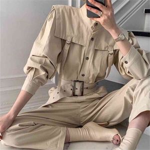 대형 긴 소매 높은 허리 넓은 다리 바지 느슨한 jumpsuit 여성 점프 수트 rompers 여름 ​​캐주얼 포켓 바지 재생 210423