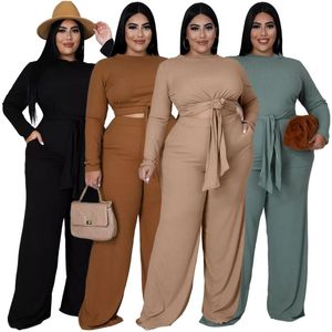 Women s Two Piece Pants Boutique Clothing Women Plus Size Pant Set Solid Color Elegant Casual Suits Lace up O Neck Tops Loose Trousers Outfi