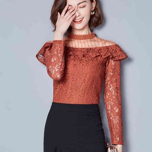 Hollow Out V-neck Female Blouses shirt Casual black tops Sexy Long sleeve Women Lace blouses blusa 661F 210420