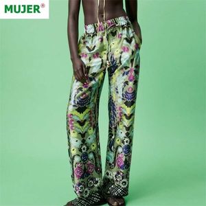 Za Wide Pants for Women Green Print Oversize High Waist Woman Trousers Summer Baggy Suits Streetwear 211115