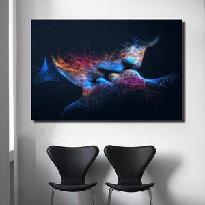 Modern Dekorativ Painting Blue Color Kiss Pictures Printed On Canvas Wall Abstrakt Konst Decoration Canvas Prints