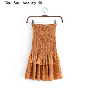 Chu Sau Beauty Boho Floral Print Mini Skirt Kvinnor Holiday Mode Elastisk Midja Draped Kjolar Kvinna Falda de MODA 210508