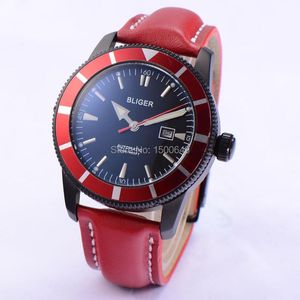 Armbandsur mm Stainless PVD Black Steel Case Lysous Watch Hand Rödband Ring Automatisk mens Datum Armbandsur