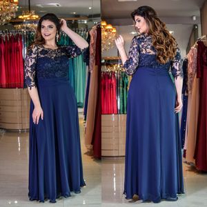 2021 Dark Navy Plus Size Lace Evening Dresses With Half Sleeves Sheer Bateau Neck A Line Beaded Prom Gowns Floor Length Chiffon Formal Dress