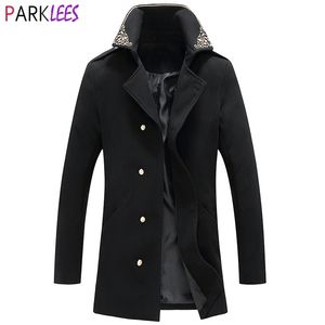 Mens Golden Embroidery Long Wool Trench Coat Double Breasted Men Cashmere Coat Brand Wide Lapel Wool &Blends Peacoat Windbreaker 210522