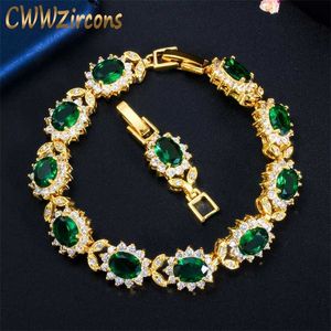 CWWZircons Oval Green Cubic Zirconia Stone Gul Guldblad Armband Bangle för Kvinnor Afrikanska Dubai Bridal Party Smycken CB205 211124