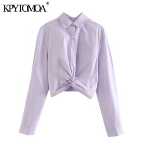 Women Fashion With Tied Back Button-up Cropped Blouses Lapel Collar Long Sleeve Female Shirts Chic Tops 210420