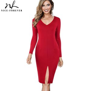 Nice-forever Sexy Front Split Pure Color Dresses Cocktail Party Vintage Bodycon Fitted Slim Women Autumn Dress bty826 210419