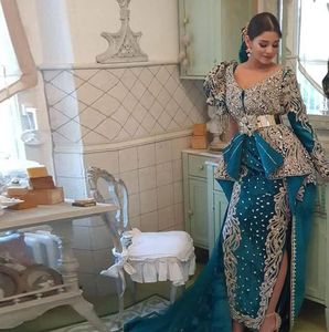 Teal Blue Marockan Kaftan Evening Klänningar med Overkirt 2022 Långärmad Lace Applique Beaded Prom Dress Karakou Algérien