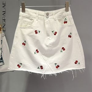 桜の刺繍ハイウエストスカート女性の夏の白いミニストリートウェアデニム女性潮5E202 210427