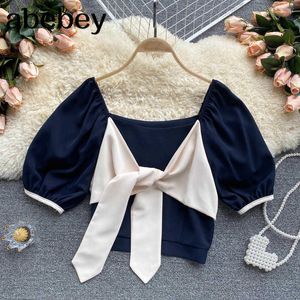 French Blouse Women Ruched Square Collar Puff Sleeve Bow Tops Spring Casual Fashion Vacation Short Blouses 210715