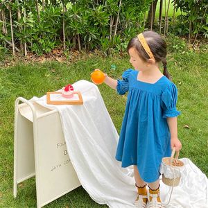 Korean style Summer Girls Cotton Square Collar Princess Dress Kids Solid Color Fashion Short Sleeve Dresses 210615